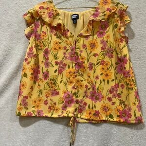 Yellow floral sleeveless blouse with ruffles Lands End size 2X 20W-22W